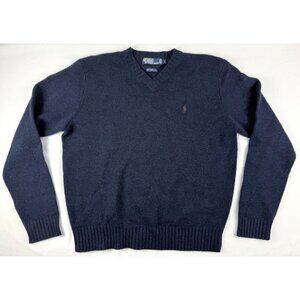 Polo Ralph Lauren Sweater Men's Dark Blue 100% Lambs Wool Knit Pullover V Neck~L